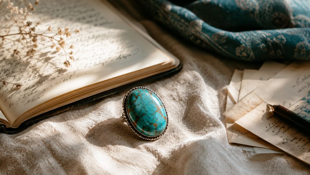 Turquoise stone resting on soft linen beside an open journal and handwritten notes in warm natural light.
