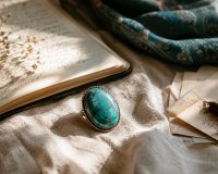 Turquoise stone resting on soft linen beside an open journal and handwritten notes in warm natural light.