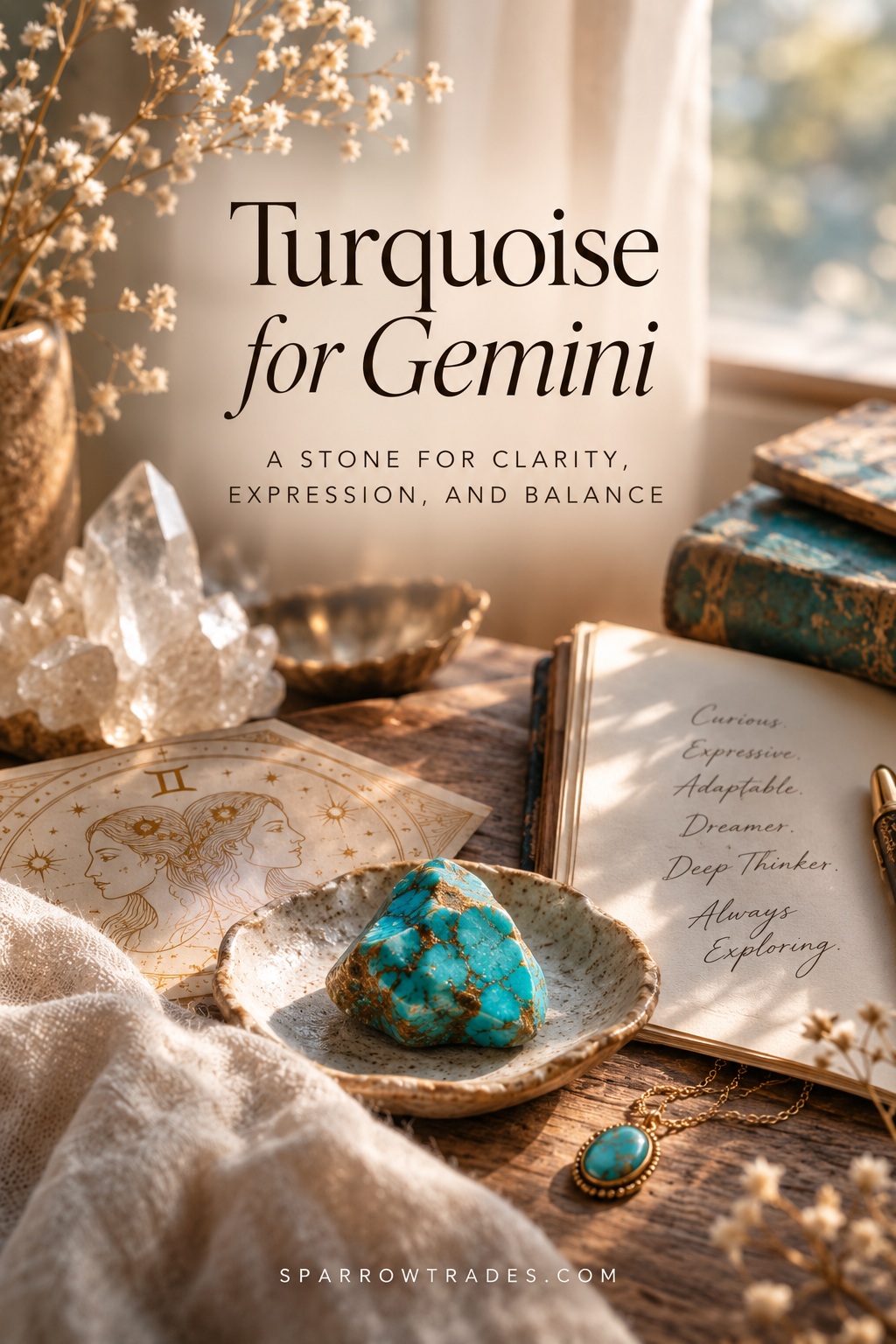 Turquoise stone on a ceramic dish beside a Gemini illustration, open journal, dried flowers, and turquoise jewelry in warm natural light.