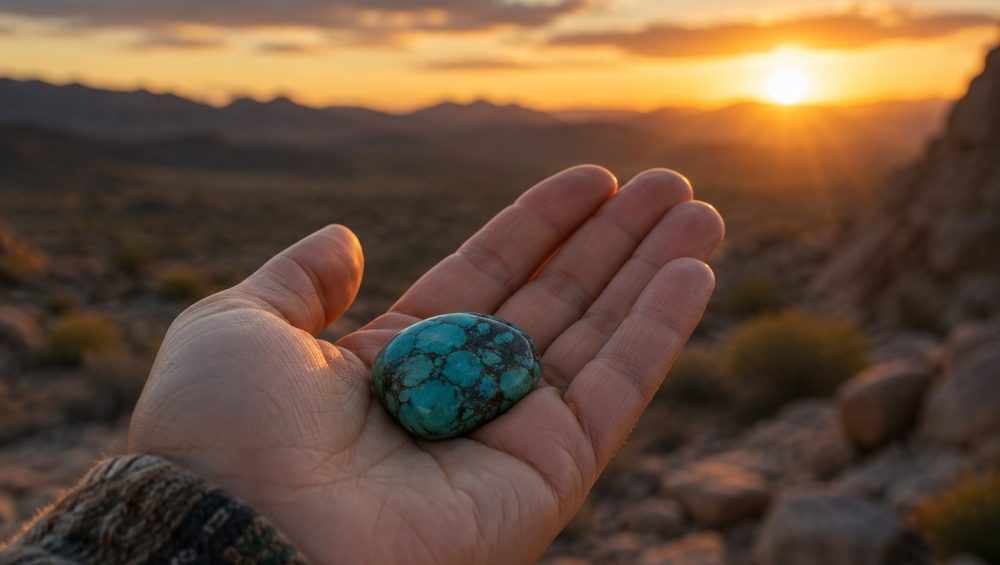 Turquoise stone resting in an open hand against a desert landscape at sunset
