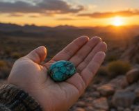 Turquoise stone resting in an open hand against a desert landscape at sunset