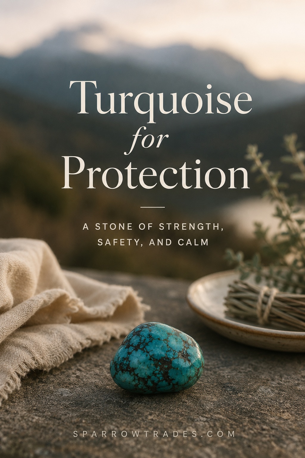Turquoise stone resting on a textured surface with a soft mountain landscape in the background